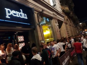 Northumbria & Newcastle students queue to enter Perdu